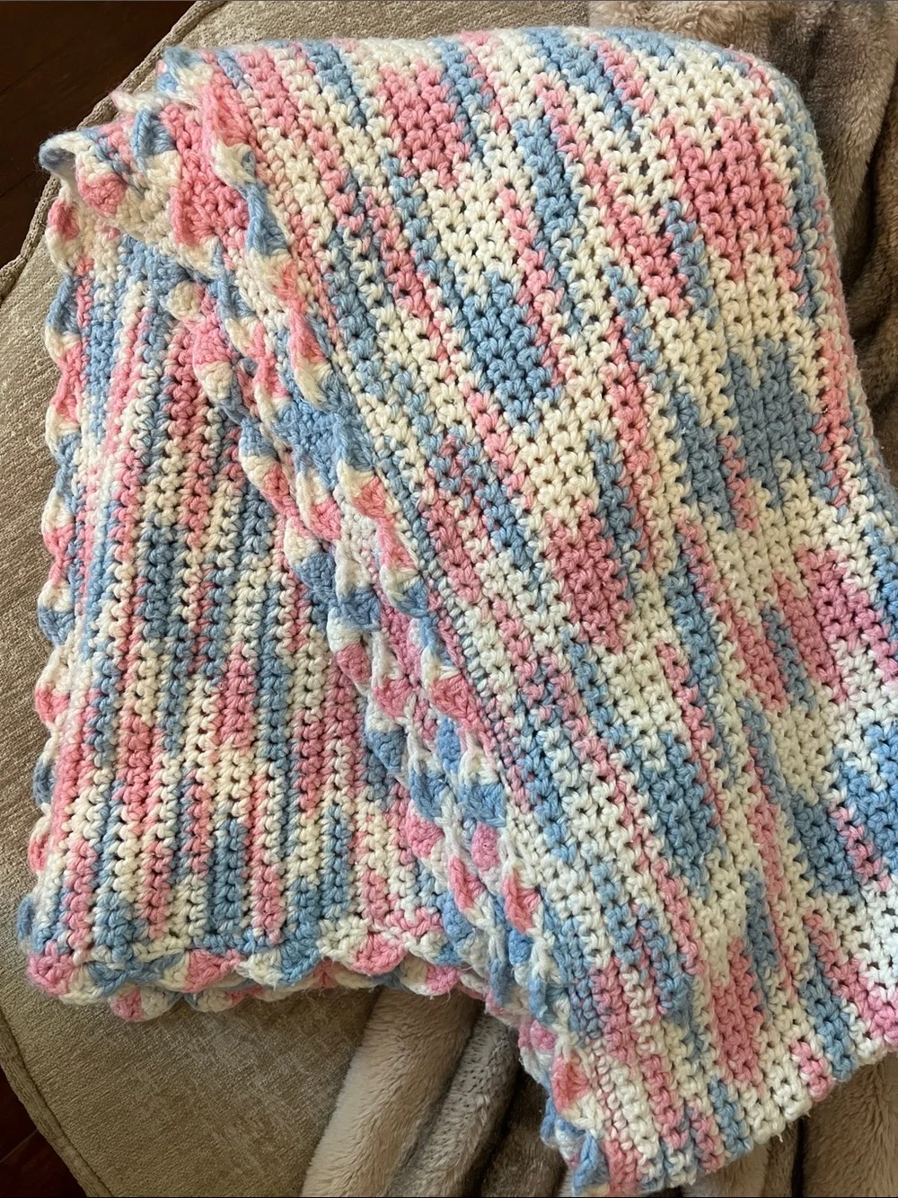 Handmade Pastel Crochet Throw Blanket - Pink, Blue & Cream